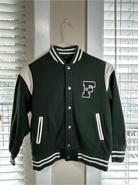 Uniqlo Dark Green and White Kids Varsity Bomber Jacket